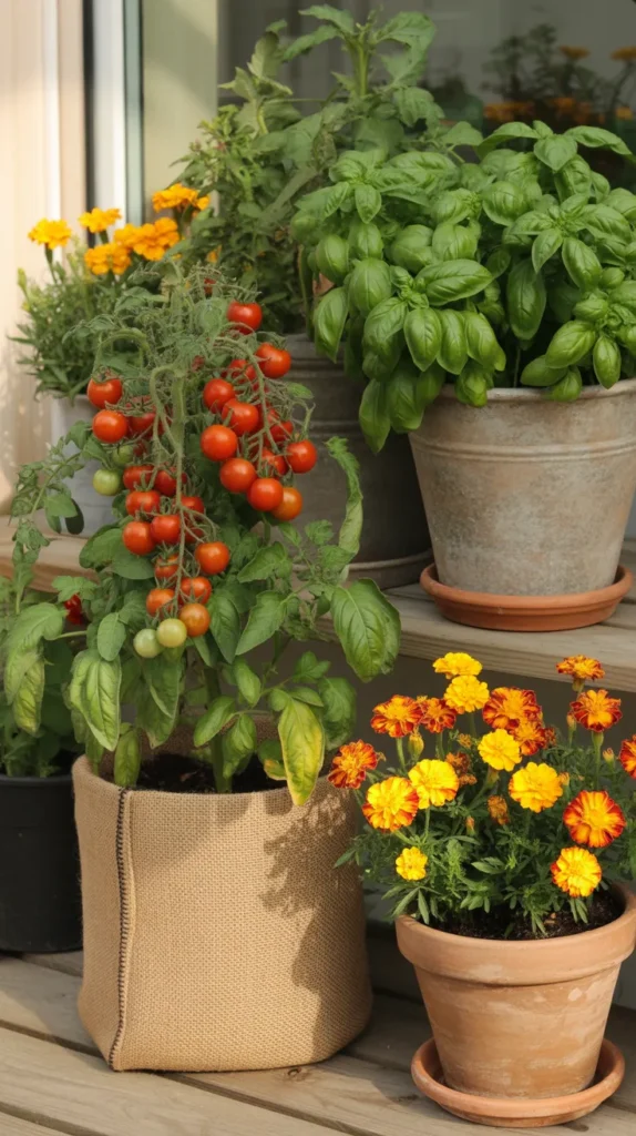 A few plants such as a tomato, basil, marigolds in fabric grow bags, terra cotta pots on a deck 